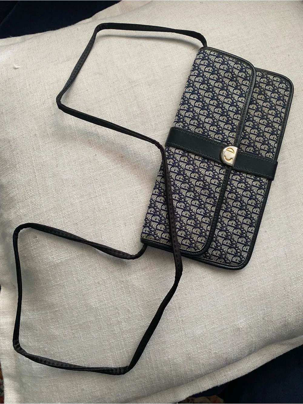 Vintage Christian Dior Clutch Wallet EUC Strap Added Navy Canvas/Leather Bag